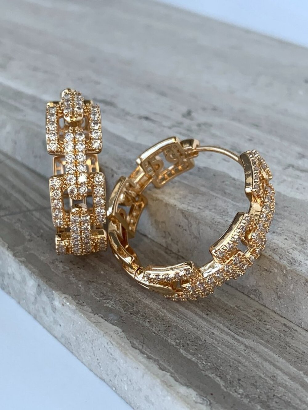 NEW Anthropologie Crystal Chain link Gold Hoop Earrings